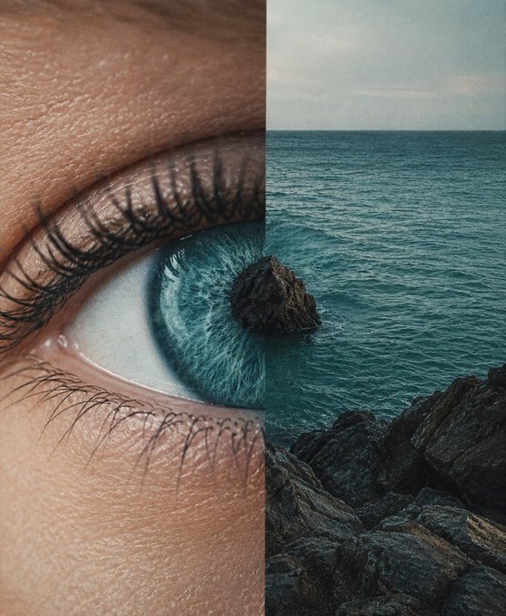 A surreal split image showing a close-up of a human eye on the left, blending seamlessly into a rocky ocean seascape on the right.