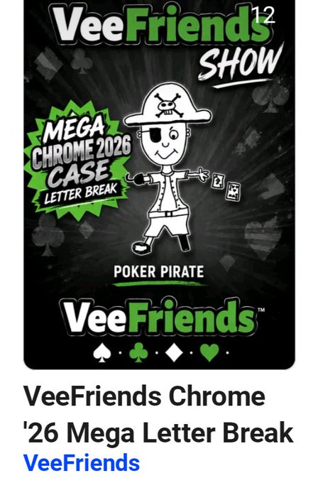 Promotional graphic for "VeeFriends Chrome '26 Mega Letter Break" featuring the character "Poker Pirate" wearing a pirate hat with a skull and crossbones, with card suit symbols at the bottom.