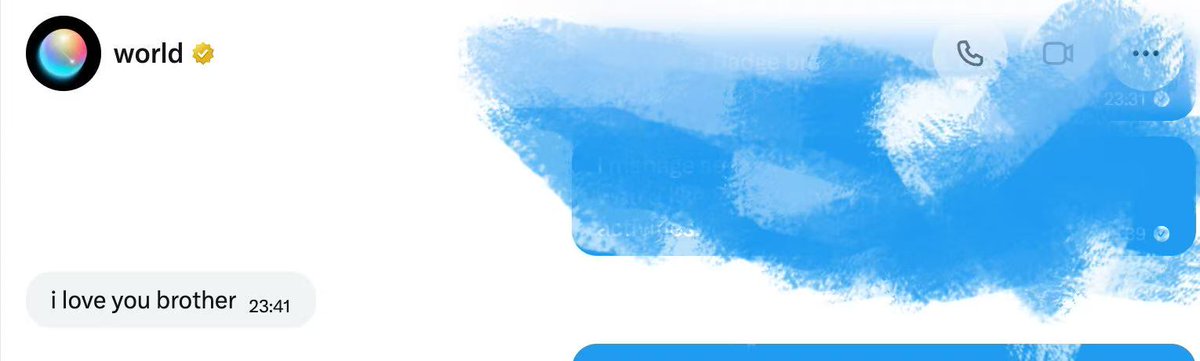 A chat interface screenshot showing a message 'i love you brother' at 23:41 from a contact named 'world' with a verified checkmark and Siri avatar.