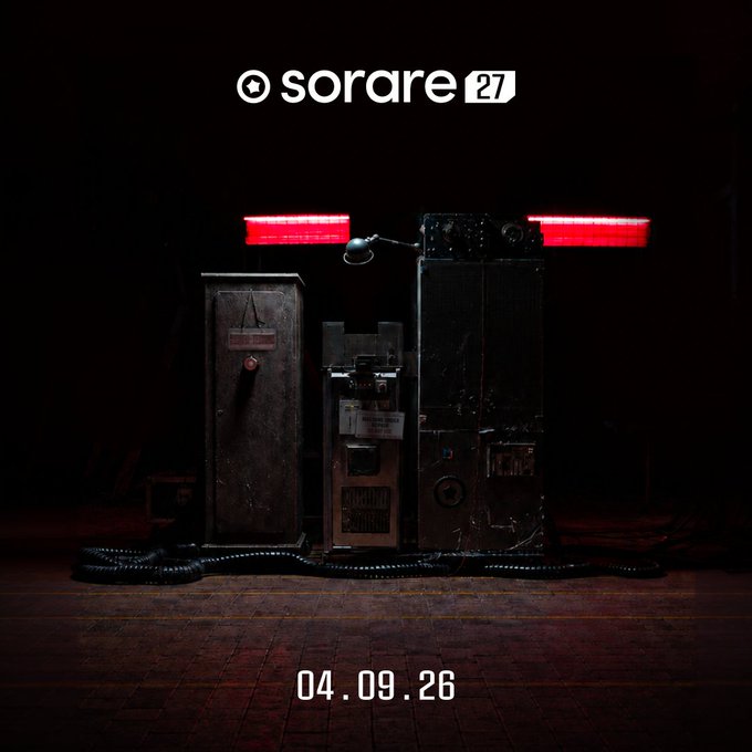 A dark, industrial-looking machine with glowing red lights sits on a tiled floor, serving as a creative visual metaphor for Sorare's "Card Creator warming up." The image displays the "sorare 27" logo at the top and the date "04.09.26" at the bottom, promoting Friday's Early Access Card reveal.