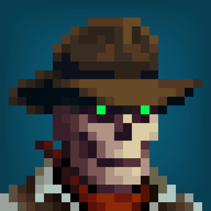 A pixel art portrait shows a figure wearing a brown wide-brimmed hat with bright green eyes against a dark teal background.