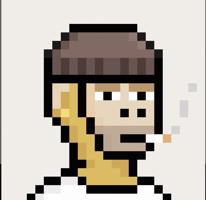 A pixel art image of a man wearing a dark beanie/cap and smoking a cigarette, with visible pixels representing smoke.