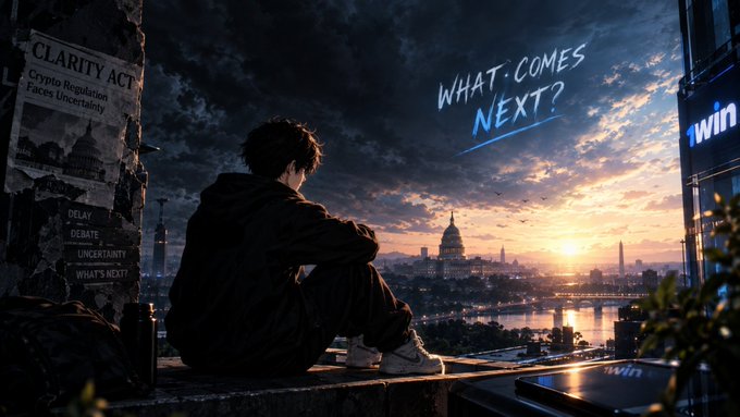 A young figure sits overlooking a sunset cityscape with handwritten "WHAT COMES NEXT?" in the sky, while a weathered poster reads "CLARITY ACT: Crypto Regulation Faces Uncertainty" alongside words like "Delay, Debate, Uncertainty." The image visually echoes the post's theme of crypto progressing despite regulatory ambiguity, with the "1win" sign on the right tying into the post's focus on the @1winToken project building steadily since 2016.