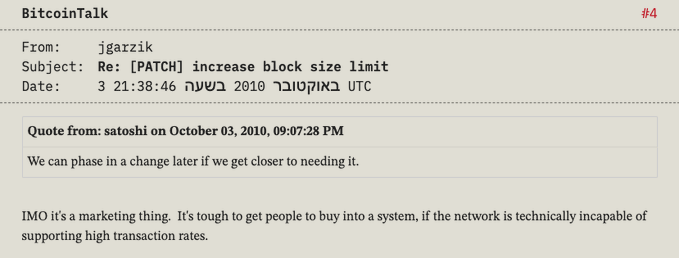 The image shows a BitcoinTalk forum post #4 from user "jgarzik" on October 3, 2010, in which he argues that the block size limit should be increased as a "marketing thing" to make the network appear capable of supporting high transaction rates, quoting Satoshi's willingness to phase in such a change later. The image supports the post's claim that Satoshi himself did not view the original block size limit as a permanent constraint, providing historical evidence from one of Bitcoin's earliest developers supporting larger blocks.