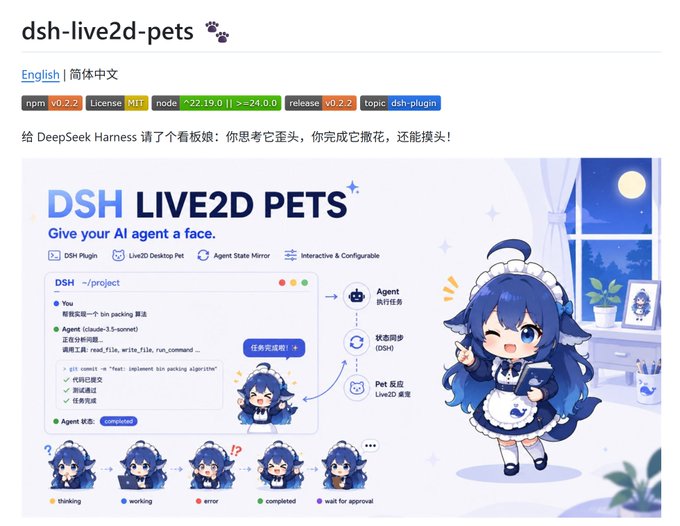 A GitHub repository page for "dsh-live2d-pets" (DeepSeek Harness) showing a project called "DSH LIVE2D PETS" with the tagline "Give your AI agent a face," featuring a blue-haired maid anime mascot.