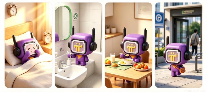 A four-panel illustration of a purple robot character with headphones going through daily routines: sleeping in bed, brushing teeth in the bathroom, eating breakfast at a table, and walking outside.