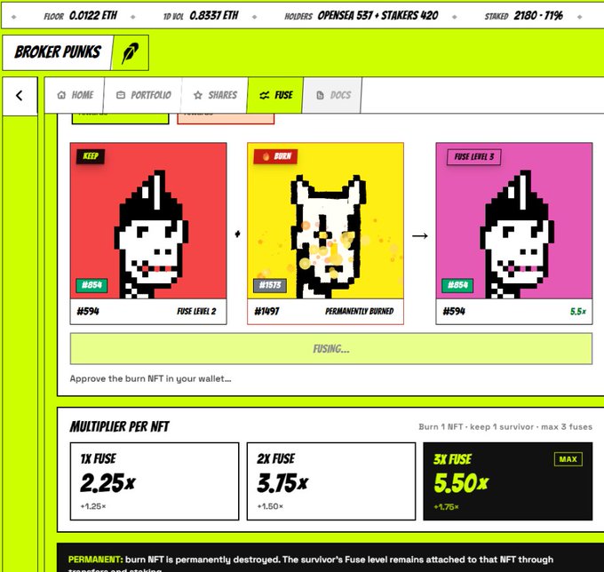 A webpage for 'BROKER PUNKS' shows a 'FUSE' section demonstrating NFT fusing, with examples #594, #1575, and #594, along with multiplier levels of 2.25x, 3.75x, and 5.50x.
