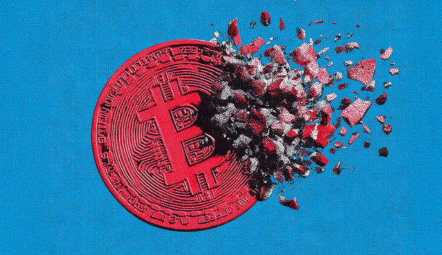 A red Bitcoin coin depicted shattering and crumbling into fragments against a blue background.