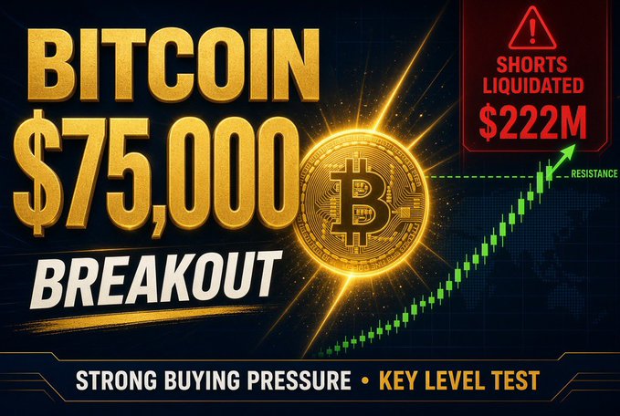 A financial graphic announcing 'BITCOIN $75,000 BREAKOUT' with 'STRONG BUYING PRESSURE • KEY LEVEL TEST' and a warning 'SHORTS LIQUIDATED $222M'.