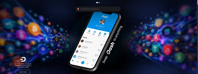 Promotional image showing a smartphone displaying the Dash app interface with the text 'Swap Dash to anything,' surrounded by floating cryptocurrency logos.