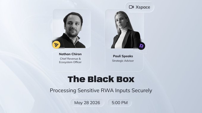 The image shows a poster or flyer with two people's names and their roles displayed at the top of the page. The text below the images reads, "How we bring confidentiality to RWAs without compromising auditability or interoperability: Join our X Space with @0xNatc from iExec & @pauli_speaks from @RealFinOfficial to unpack our partnership, Nox and what it enables for Real’s institutional RWA Layer 1". The poster is in black and white, which adds a classic touch to the overall design.