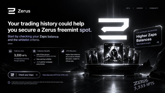 A promotional webpage for 'Zerus' announces that users' trading history could help secure a freemint spot, highlighting 'Higher Zaps Balances' and a collection size of 3,333 NFTs.