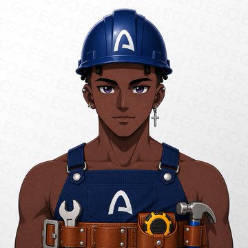 A digital illustration of a dark-skinned character wearing a blue hard hat with an 'A' logo and matching overalls, equipped with tools.