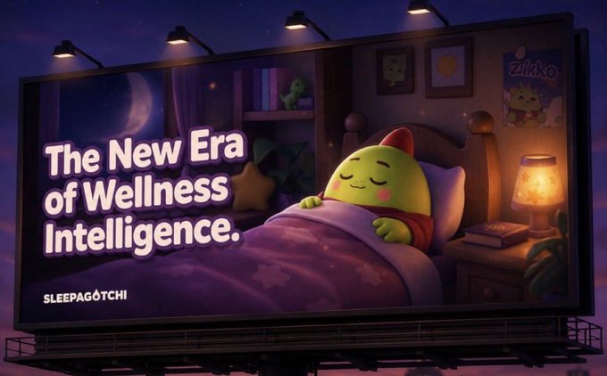 A billboard at night advertises 'Sleepagotchi' with the text 'The New Era of Wellness Intelligence,' featuring the same green character sleeping in a bed.