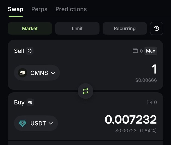 A swap interface on Solana shows 1 $CMNS selling for $0.00666, with 0.007232 USDT needed to buy, illustrating the token's current value referenced in the post's calculation of potential airdrop worth.
