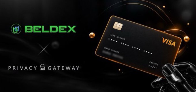 A promotional graphic showing the 'BELDEX' logo alongside 'PRIVACY GATEWAY' text, featuring a black Visa credit card held by a metallic hand against a dark background.