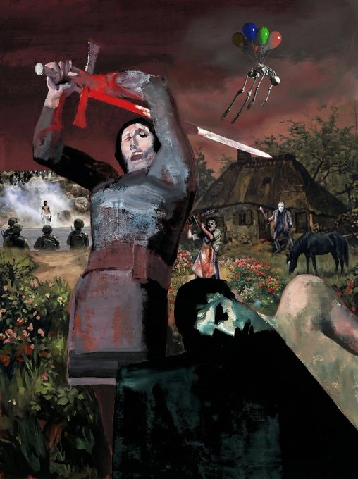 A dark, surrealist painting depicting a medieval figure in armor raising a hammer, surrounded by a landscape with a thatched house, figures on horseback, and balloons floating in a stormy red sky.