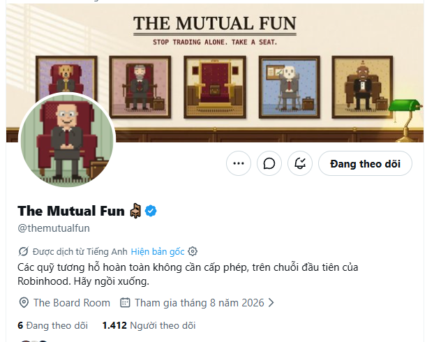 A Twitter/X profile for 'The Mutual Fun' (@themutualfun) featuring pixel-art portraits of characters in a boardroom setting with the tagline 'STOP TRADING ALONE. TAKE A SEAT.'