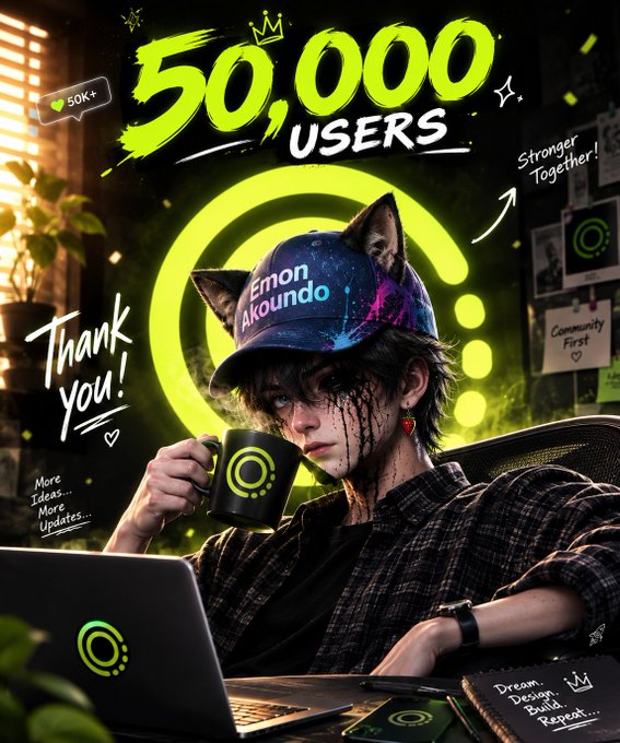 An illustrated graphic celebrating '50,000 USERS' featuring a character wearing a cap labeled 'Emon Akoundo' holding a mug, surrounded by text like 'Thank you!', 'Stronger Together!', 'Community First', 'More Ideas... More Updates...', and 'Dream. Design. Build. Repeat.'