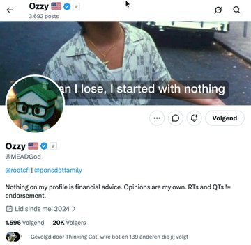 A screenshot of Twitter/X profile page for crypto influencer "Ozzy" (@MEADGod) showing 3,692 posts, 1,596 followers, and 20K following, with a pinned tweet containing financial disclaimer text about RTs and QTs not being endorsement, displayed above a Dutch-language comment and a partial caption referencing gems launched on @wirebotRH including $WIRE and $HMM.