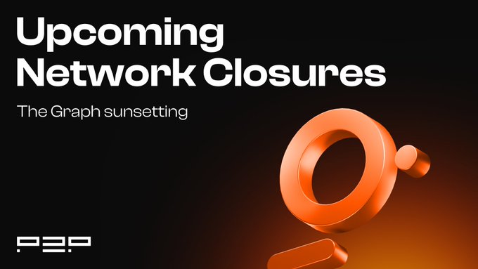 A graphic with bold white text 'Upcoming Network Closures - The Graph sunsetting' on a dark background featuring an orange 3D ring-like logo by P2P.org.