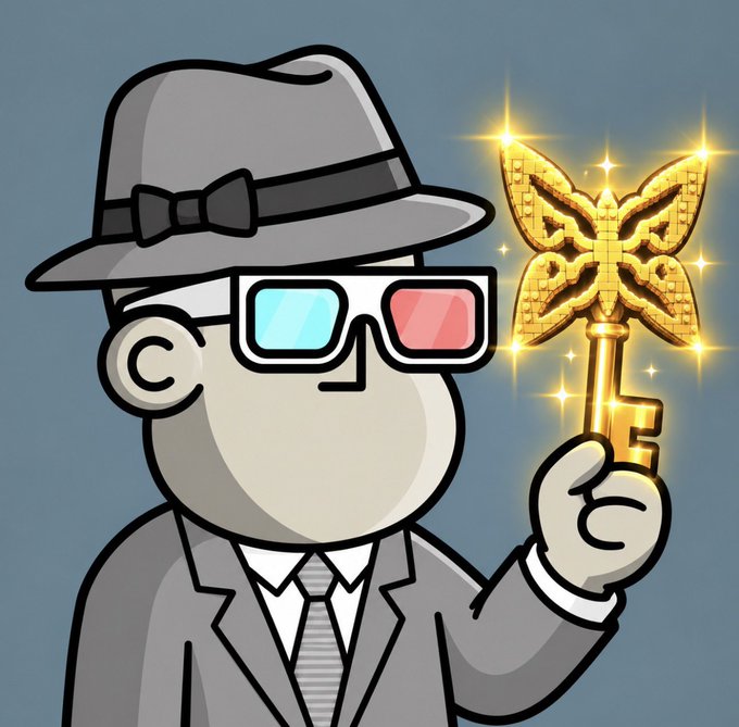 A cartoon figure in a gray suit, fedora, and 3D glasses holds a glowing, ornate golden butterfly key.