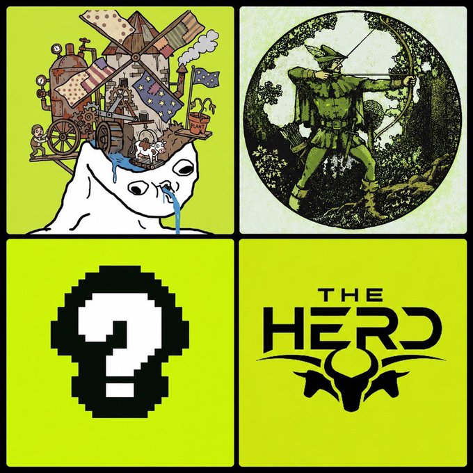 A four-panel graphic with a bright yellow-green background featuring illustrations of a ghost-like creature with a factory on its head, an archer in a circle, a pixelated question mark, and "THE HERD" logo.