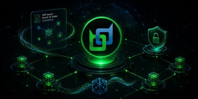A futuristic green 3D illustration showing a central logo surrounded by floating cubes, shields, and a holographic document labeled 'VRF based Proof of Stake Consensus'.