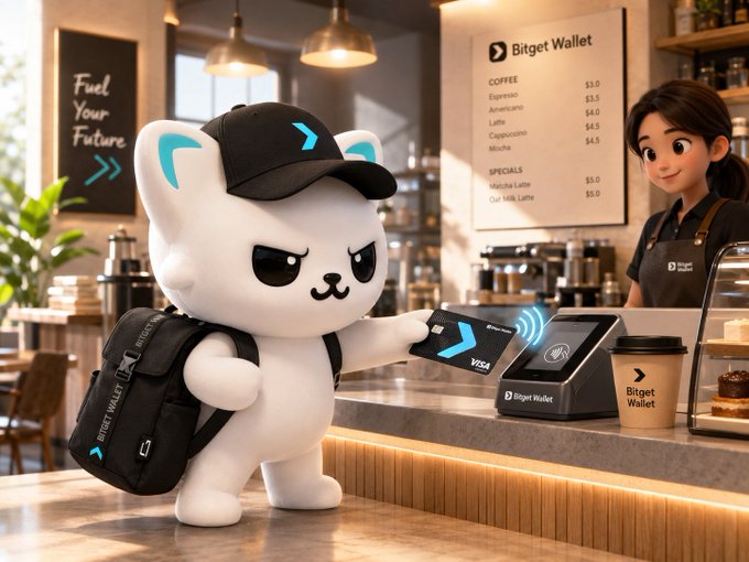 3D rendered promotional image featuring the Bitget Wallet mascot character using a Visa card to make a contactless payment at a coffee shop with a Bitget Wallet terminal.