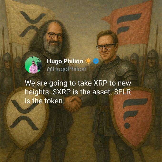A renaissance-style painting shows two knights shaking hands, with XRP and Flare logos on their shields and banners. A tweet from Hugo Philion (@HugoPhilion) reads, 'We are going to take XRP to new heights. $XRP is the asset. $FLR is the token.'