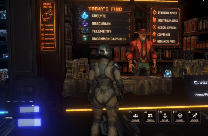 A player in futuristic armor stands at an in-game trading station where a vendor displays "TODAY'S FIND" including items like Crelyte, Obscurian, Telemetry, and Uncommon Capsules, with menu options for Squad, Friends, Skills, Bounty, and Launch visible—reflecting the space shooter gameplay of Misfit Galaxy.