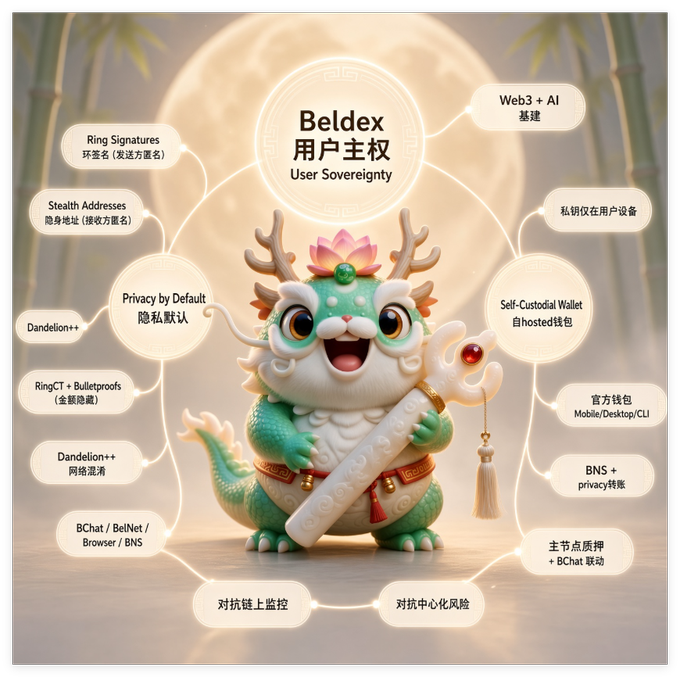 An infographic featuring a cute green dragon mascot centered around 'Beldex 用户主权 User Sovereignty' with surrounding labels for Web3 + AI, Ring Signatures, and Privacy by Default.