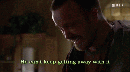 A screenshot from Netflix showing a bearded man crying, with the subtitle 'He can't keep getting away with it' and the Netflix logo in the corner.
