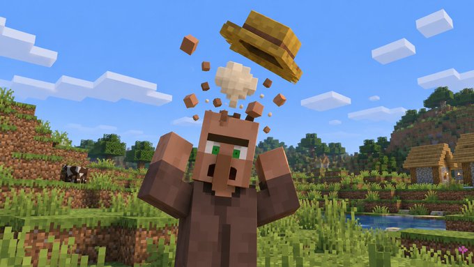 A Minecraft villager character stands in a grassy blocky landscape with its arms raised, as a straw hat, an egg, and brown particles explode upward from its head.