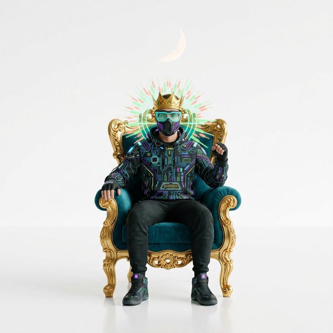 A digital art piece depicting a person seated on an ornate teal and gold throne, wearing a golden crown, a futuristic mask with glowing elements, and a metallic circuit-patterned jacket, with a crescent moon in the background.