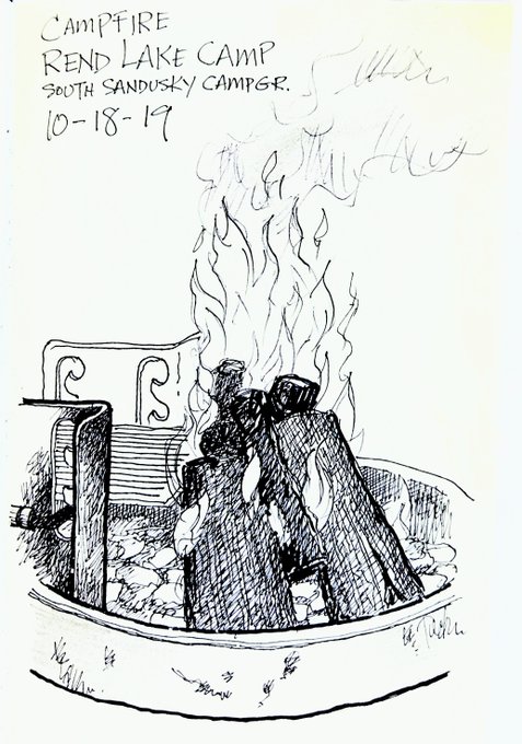 A pen and ink sketch of a campfire with flames and smoke rising from logs, labeled 'CAMPFIRE, REND LAKE CAMP, SOUTH SANDUSKY CAMPGR., 10-18-19,' with a signature and date '10-18-19' in the corner.