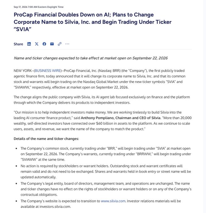 A September 17, 2026 business press release announces that ProCap Financial (Nasdaq: BRR), the first publicly traded agentic finance firm, is rebranding to Silvia, Inc. and will begin trading under the new ticker "SVIA" (with warrants as "SVIAWW") at market open on September 22, 2026. CEO Anthony Pompliano is quoted stating the name change aligns the public company with its Silvia AI agent platform, which connects over 20,000 self-directed investors managing more than $60 billion in assets. The image directly illustrates the accompanying post, confirming the BRR-to-SVIA ticker change and Silvia platform statistics mentioned in the caption.