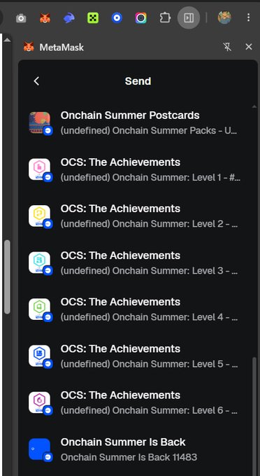 A MetaMask "Send" interface displays a list of Onchain Summer NFTs, including "Onchain Summer Postcards," "OCS: The Achievements" for levels 1 through 6, and "Onchain Summer Is Back 11483." This relates to the post by visually showcasing the various NFT collectibles and achievement levels (OCS Level 1-6) that are being ranked by holder count on the BASE Onchain Summer NFT Leaderboard.