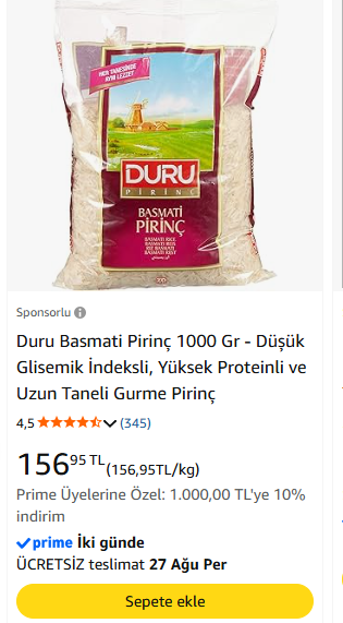 The image shows an Amazon Turkey product listing for "Duru Basmati Pirinç 1000 Gr" priced at 156.95 TL with Prime shipping, rated 4.5 stars from 345 reviews. The accompanying post appears unrelated, referencing the ticker $ENA (a cryptocurrency), suggesting the user may have mistakenly paired a screenshot of a grocery product with a comment about a crypto asset.
