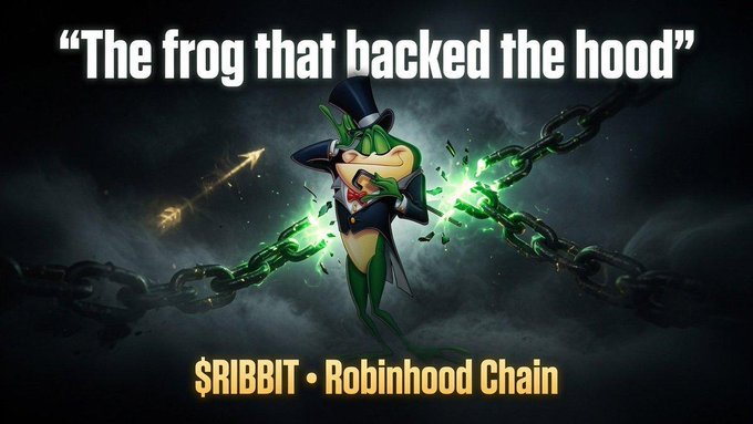 A meme-style promotional image for "$RIBBIT • Robinhood Chain" features an anthropomorphic frog in a top hat and suit breaking free from glowing green chains, with the tagline "The frog that backed the hood" at the top. The image playfully connects to the post by referencing $RIBBIT and Robinhood, while the frog "breaking free" symbolizes the coin's chart reversing from a bottom.