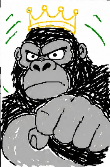 A black-and-white cartoon drawing of an angry gorilla wearing a yellow crown, pointing its fist directly at the viewer, with green motion lines.