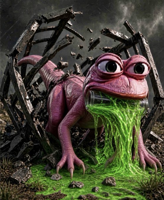 A 3D rendered illustration of a pink lizard-like creature with large eyes, holding a beaker of glowing green liquid that drips onto the ground, set against a dark background with broken structures.
