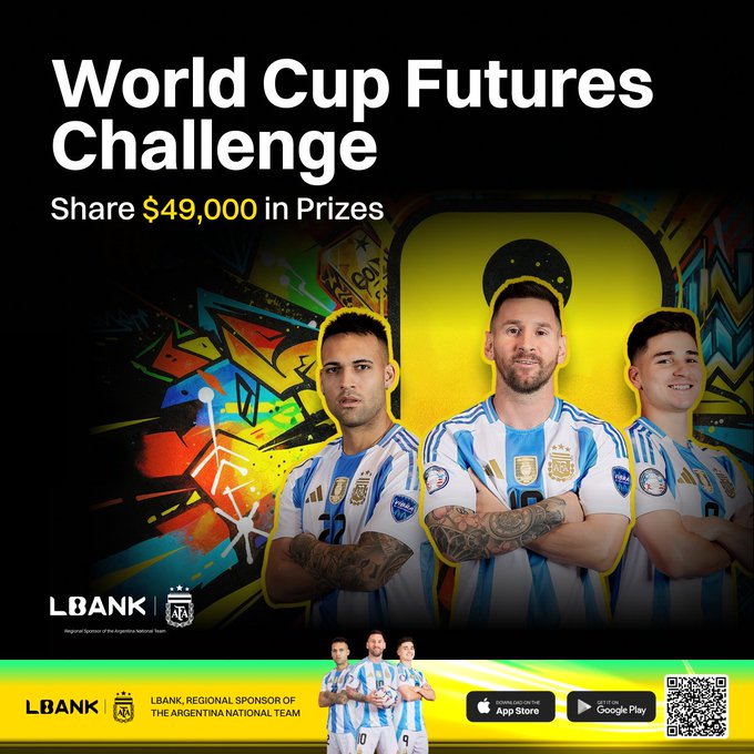 The image features three soccer players dressed in blue and white jerseys standing side by side, all of them wearing backpacks over their shoulders, suggesting that they are participants in a World Cup Futures Challenge. They are posing for a photo with a sports ball visible behind them on the right side of the frame. The background of the image is black, providing a stark contrast to the colorful foreground where the players stand out prominently. At the bottom left corner of the image, there's some text that seems related to the challenge and its prizes.