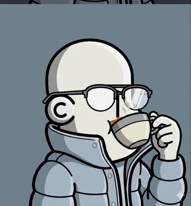 A cartoon illustration of a bald, bespectacled figure in a puffy jacket peacefully drinking from a steaming cup of coffee.