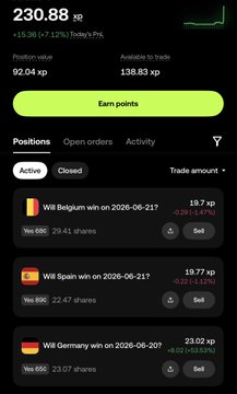 The image shows an app that allows users to make predictions about football matches using cryptocurrency. The app displays various match outcomes for different teams, such as Germany winning the World Cup or Spain winning the UEFA Champions League. Users can earn points by predicting the correct outcome of a match and then use those points to win Bitcoin at the end. This innovative approach combines the excitement of sports with the potential financial gains from cryptocurrency predictions.