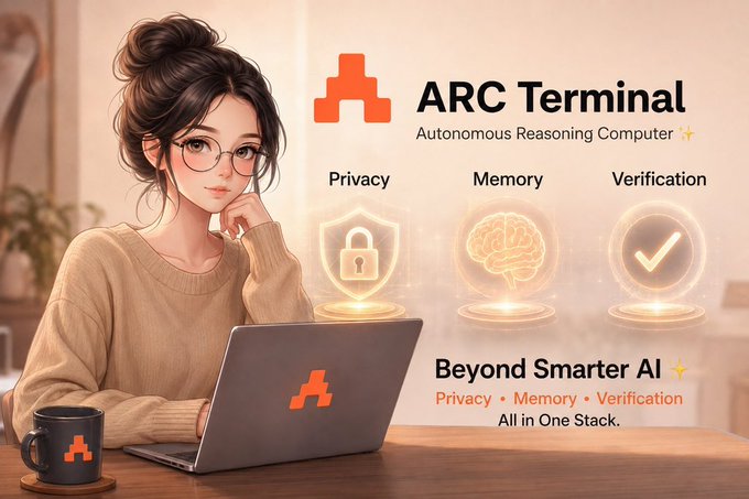 A woman with glasses sits at a desk with an ARC Terminal-branded laptop and mug, beside promotional graphics highlighting "Privacy," "Memory," and "Verification" with icons of a shield, brain, and checkmark. The text "ARC Terminal - Autonomous Reasoning Computer" and "Beyond Smarter AI - Privacy • Memory • Verification All in One Stack" reinforces the post's message about keeping user workspaces encrypted on-device while enabling agent memory.
