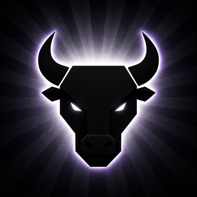A stylized black bull's head silhouette with glowing white eyes is outlined in vibrant purple against a dark background with radiating light beams, visually representing the "CROWN BULL" $BBCROWN token and evoking strength and dominance to match the post's theme of timeless wisdom.