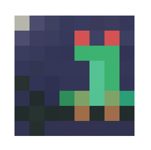 A pixel art image depicting a green character with red eyes on a dark blue and black background.