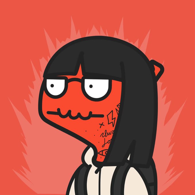 A cartoon character with red skin, long black hair, a blank bored expression, and visible neck tattoos (including a lightning bolt and partially legible text "alway," "fo," "da") stands against a fiery red aura, likely a PFP or avatar associated with the LongLostNFT project being relaunched after two years.