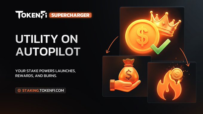 The promotional graphic for TokenFi's "Supercharger" highlights the tagline "UTILITY ON AUTOPILOT," featuring icons of a crowned dollar coin, a hand holding a money bag, and a burning coin, alongside the URL "staking.tokenfi.com"—visually reinforcing how staked $TOKEN continuously powers ecosystem launches, rewards, and burns.